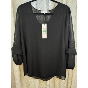 NWT Calvin Klein Black Swiss Dot Chiffon Blouse Women's Size Large